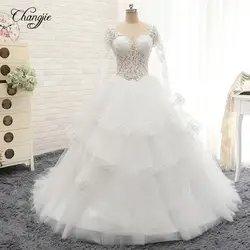 Vestido De Noiva Casamento новые длинные свадебное платье 2018 с круглым вырезом одежда с длинным рукавом Часовня Поезд аппликации тюль Китай Свадебные