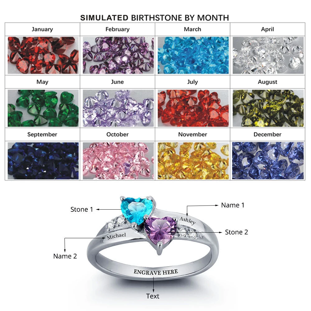 S Sterling Silver Engagement Rings For Women Birthstone Engrave Name Heart Wedding Ring Anniversary Gift (JewelOra RI101781)