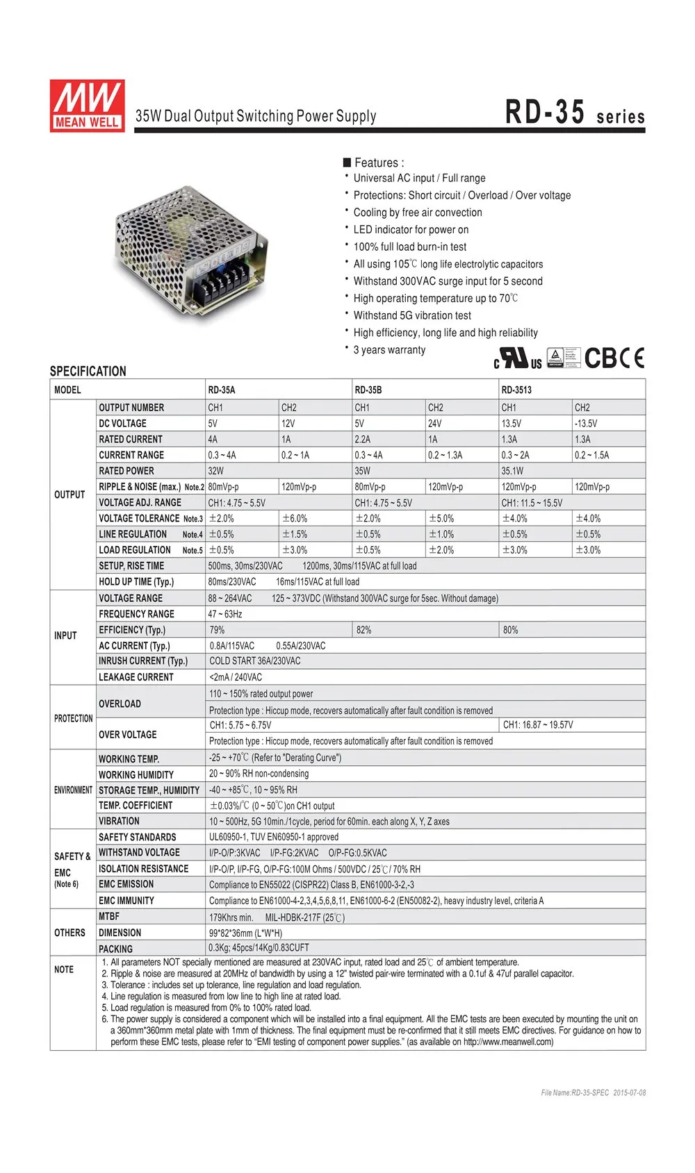 Оригинал Mean well RD-3513 35 Вт 13,5 в-13.5 в двойной выход средняя мощность питания ac-dc трансформатор