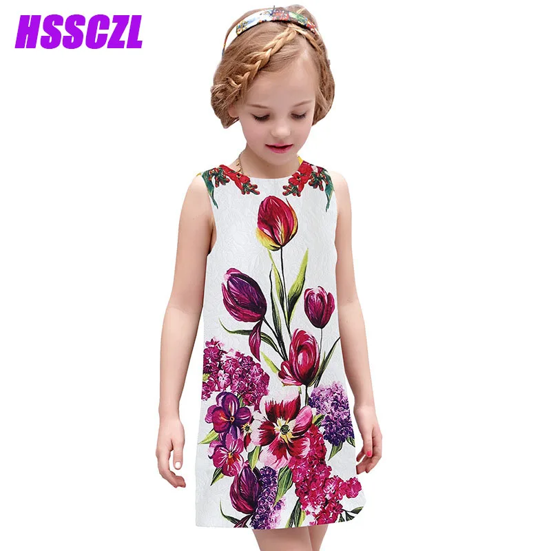 

HSSCZL Girls Dresses Summer 2017 Brand Sleeveless Print Rose Flower Pattern Party Princess Girl Dress children clothes 4-14 age