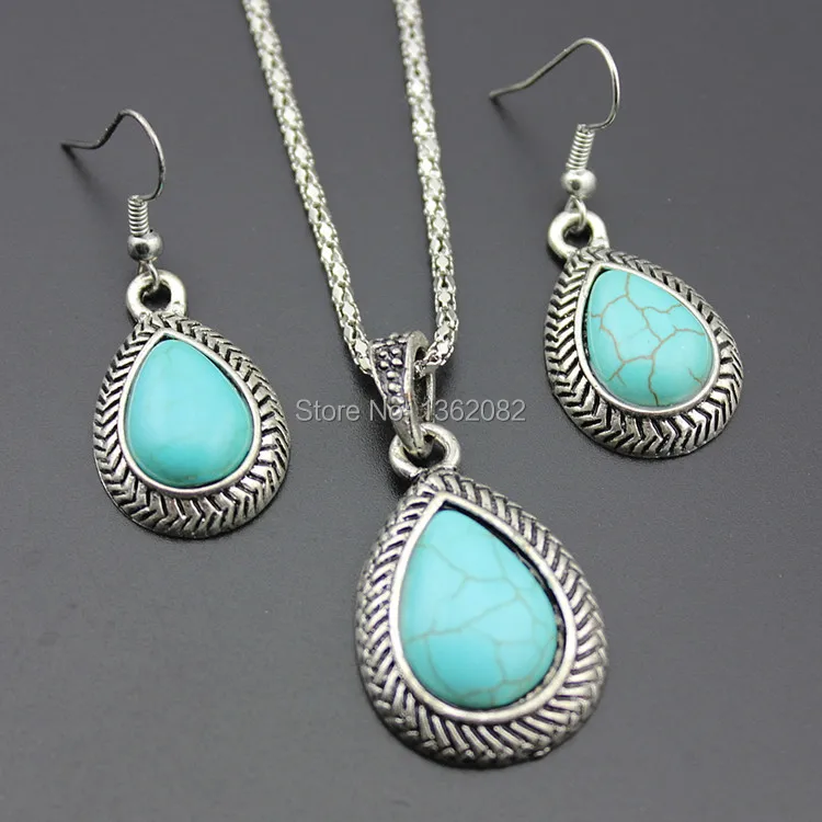 

HOT! Girl Women's Jewelry Tibetan Silver Teardrop Water Drop Stone Inlay Pendant Necklace Earrings Set Gift MN405