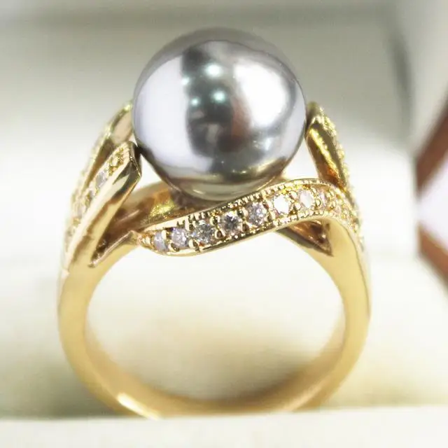 

lady's new jewelry 18KGP with crystal decorated &12mm gray shell pearl ring(#7.8.9)