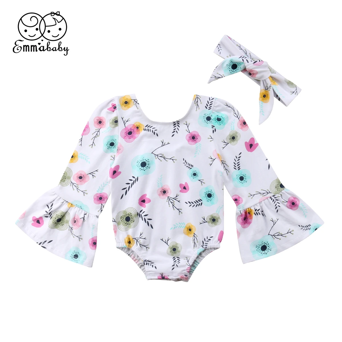 

Cute Newborn Baby Girl Flare Long Sleeve Floral Romper Jumpsuit Headband 2PCS Outfits Sunsuit Clothes