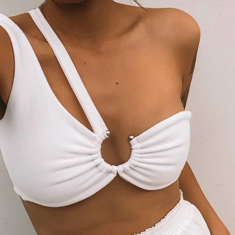 

2019 Sexy Summer Hot Women's clothing Secret Women's White Camisole Metal Decorative Tube top single shoulder strap vest