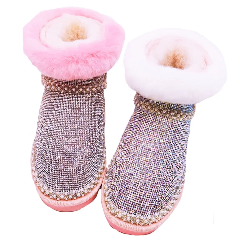 

Bling Rhinestone Ankle Boots for Women Pearls Bead Crystal Snow Boots Warm Fur Winter Boots 2019 Luxury Shoes Woman Botas Mujer
