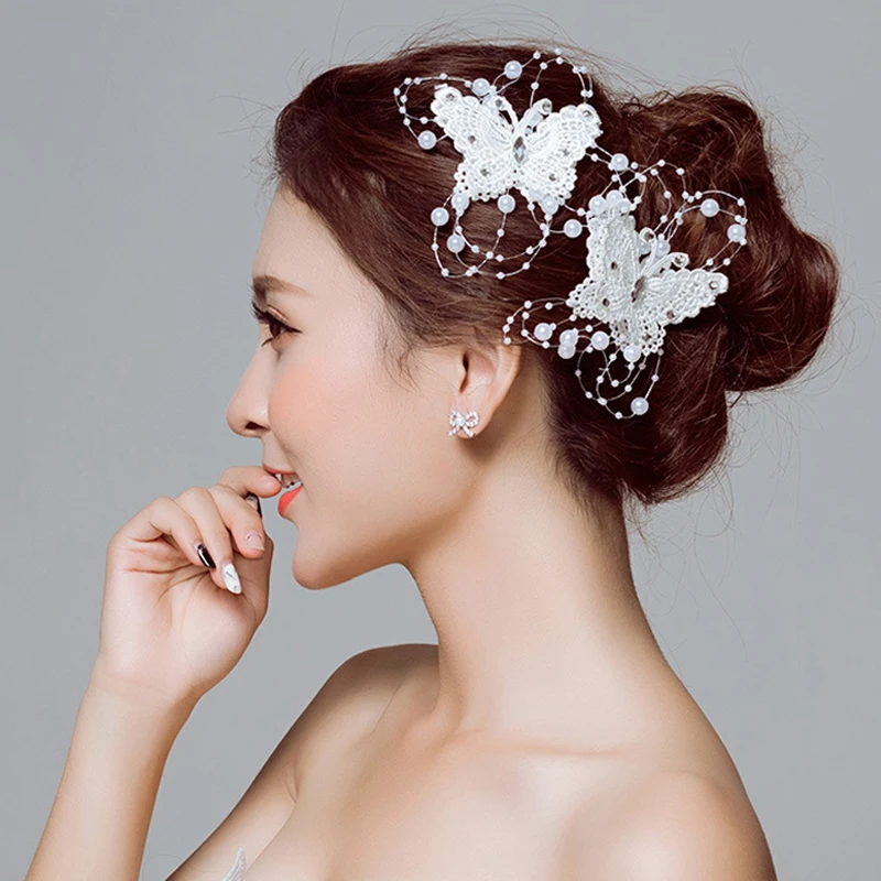 

White Bee Butterfly Lace Pearls Wedding Hair Accessories Hair Jewelry Bridal Pearl Beads Head Jewelry For Bride headwear