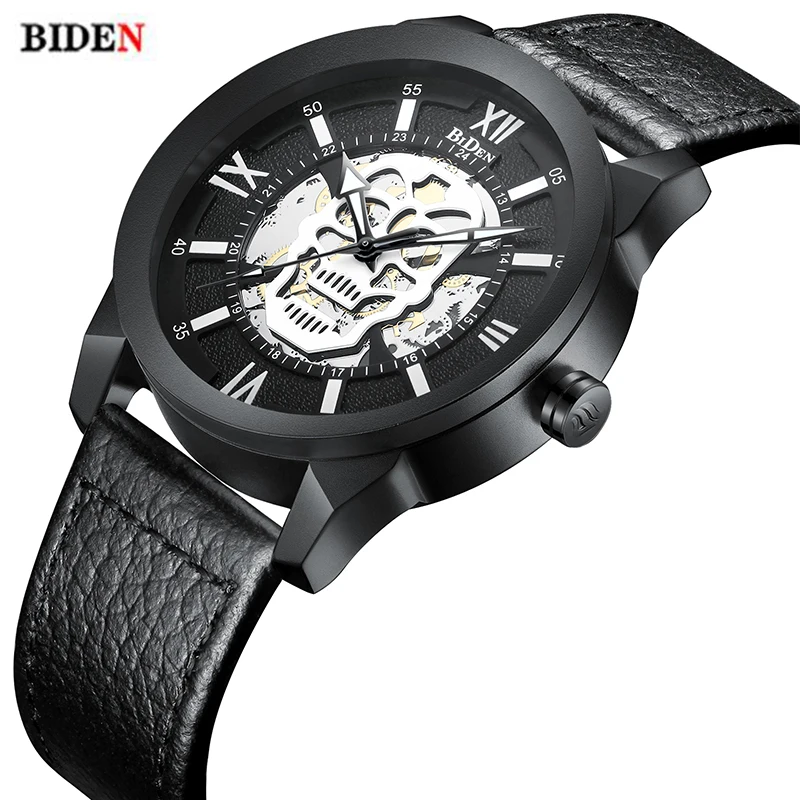 

BIDEN Men watch Fashion luxury Waterproof Analog Military create skull leather Male Relogio Masculino Quartz Wristwatch With Box