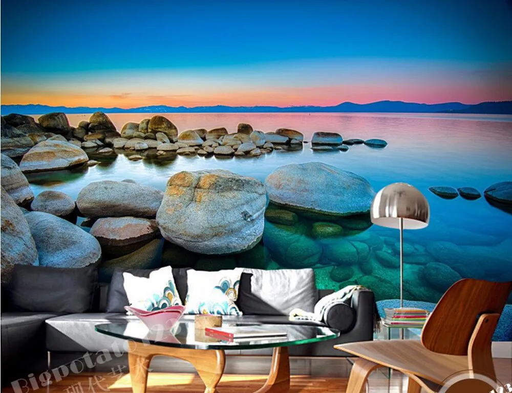 

Custom 3d murals, Beautiful fire clouds blue sky stone lake scenery papel DE parede,living room sofa tv wall bedroom wallpaper