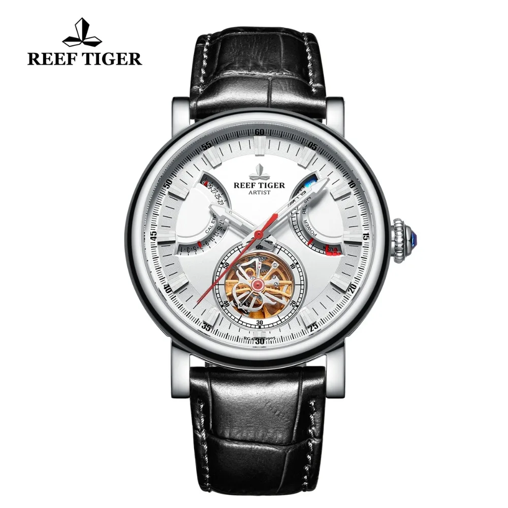 Мужские автоматические часы Reef Tiger/RT однотонные стальные черные с кожаным