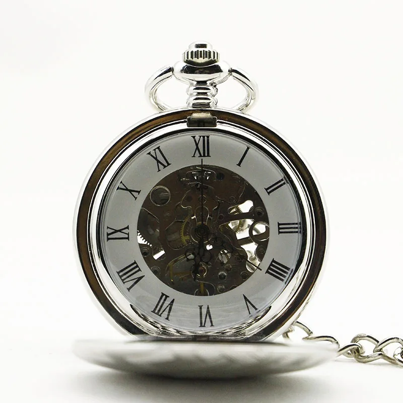Модные Серебристые Для мужчин сплава стимпанк Скелет механические аналоговые кварцевые полированная карманные часы подарок