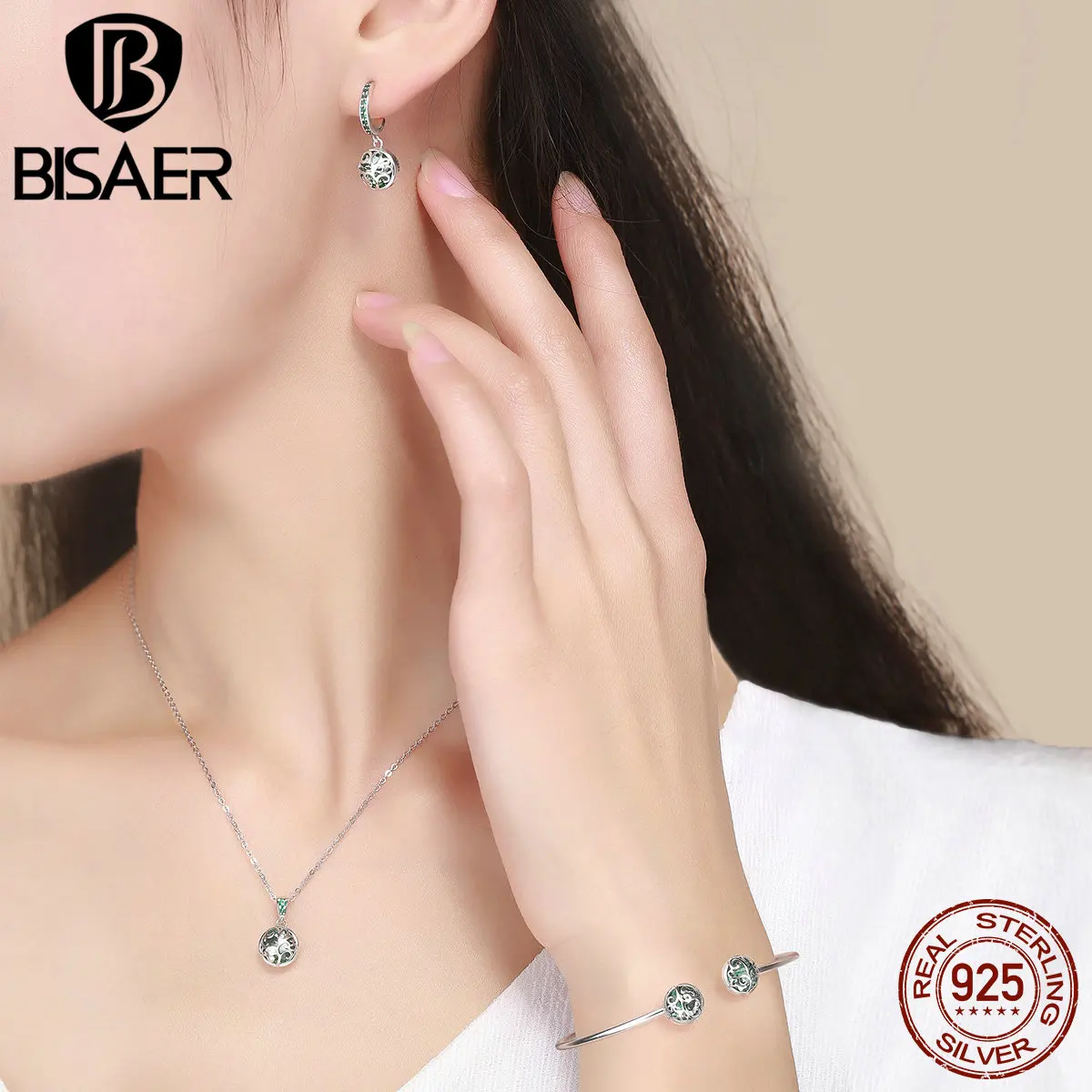 BISAER 925 пробы набор серебряных ювелирных изделий Древо жизни листья дерева ожерелье браслет Ювелирные наборы для женщин подлинные серебряные ювелирные изделия