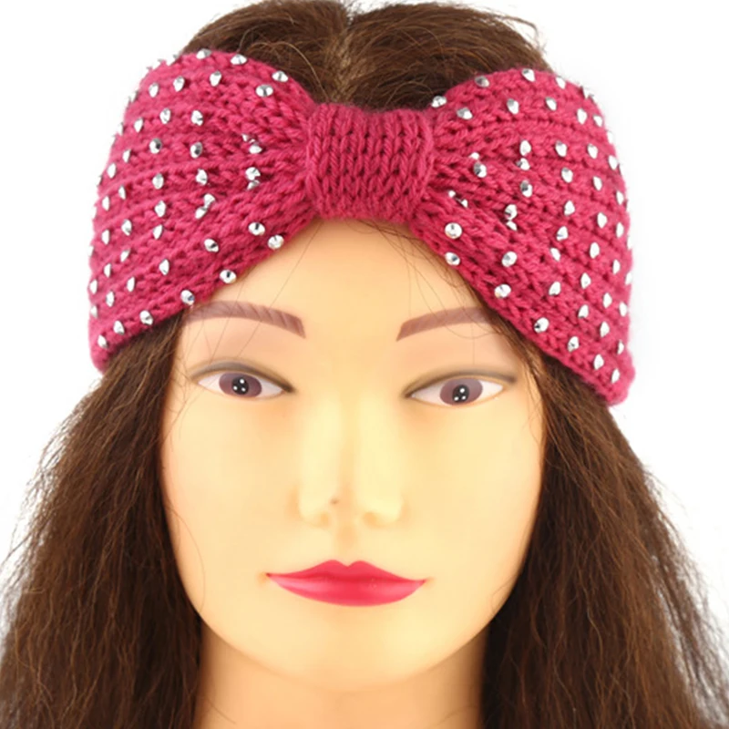 10 шт. полиэфирная трикотажная пряжа Женская Теплая повязка на голову Gypsophila алмазный камень шерсть повязка для волос для девочек крючком Твист повязка для волос бант