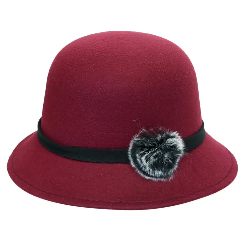 Wine Red Новые корейские женские шерстяные фетровые шляпы осенне-зимние Цветочные фетровые круглые верхние шляпка-Клош однотонные черные красные женские церковные шляпы - Цвет: Wine Red