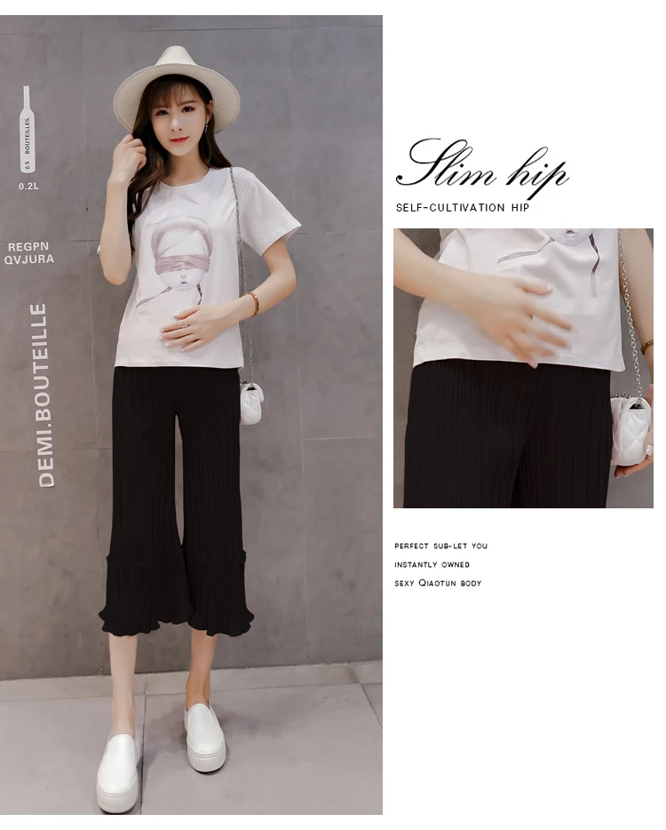 Korean version of chiffon wide leg pants pleated nine points wide leg pants loose casual pants pleated stomach lift pants