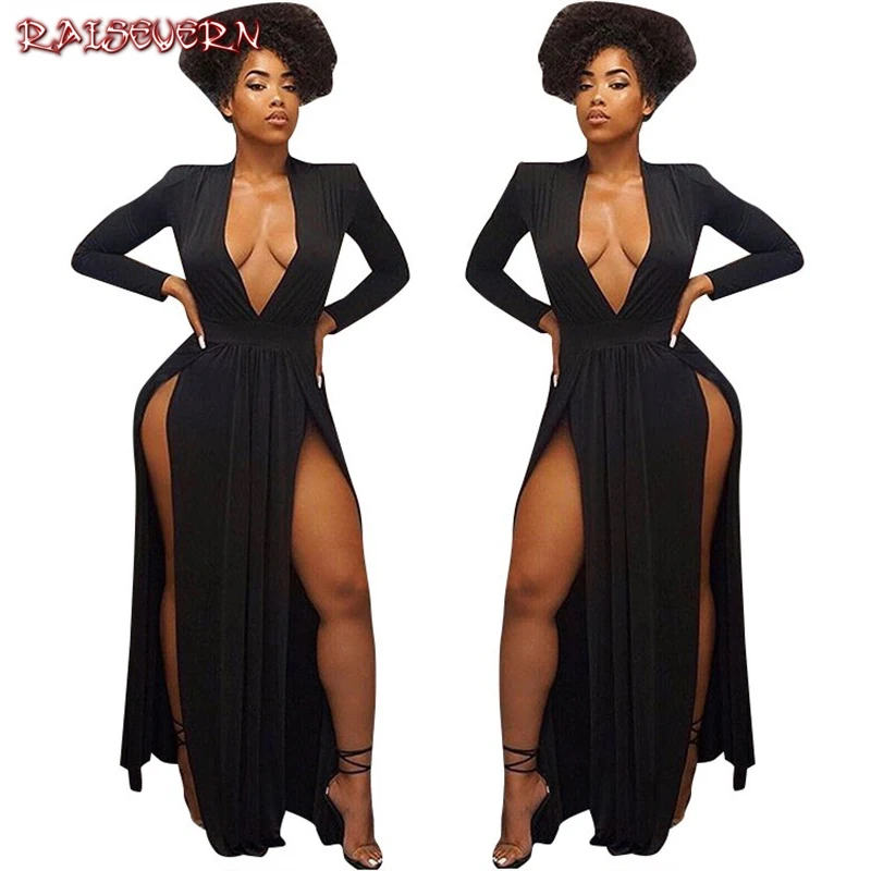 

RAISEVERN Women Elegant Dress Sexy Club High Split Dress Long Sleeve Black Double High Slit Maxi Party Dress Vestido De Festa