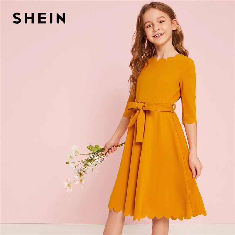 

SHEIN Kiddie Solid Scalloped Hem Girl Party Dress With Belt Kids 2019 Summer High Waist Cute A Line Knee Length Flared Dresses