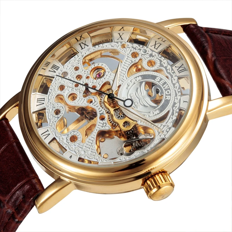 Sewor Марка часы Для мужчин Дизайн скелет часы роскошные золотые стороны ветер Механическая кожи Наручные Мужской Бизнес часы SWQ25