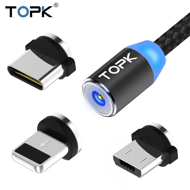 TOPK RLine2 светодиодный магнитный USB кабель для iPhone 6 7 8 плюс 5S SE iPad Air магнитное зарядное устройство, кабель usb Тип C и Micro USB кабель