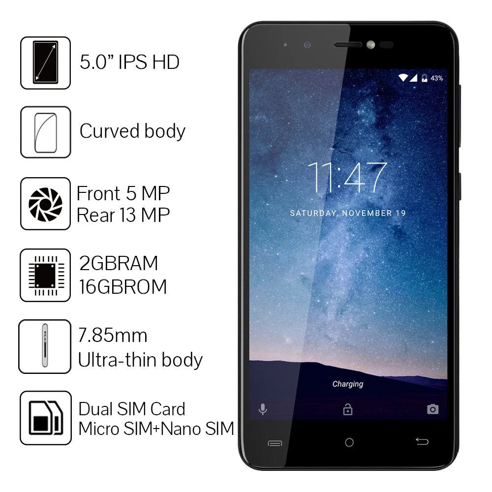 Cubot R9 мобильный телефон Android 7 0 Dual SIM карты 5 &quot Дисплей смартфон MT6580 Quad Core 2 Гб +16 13.0MP