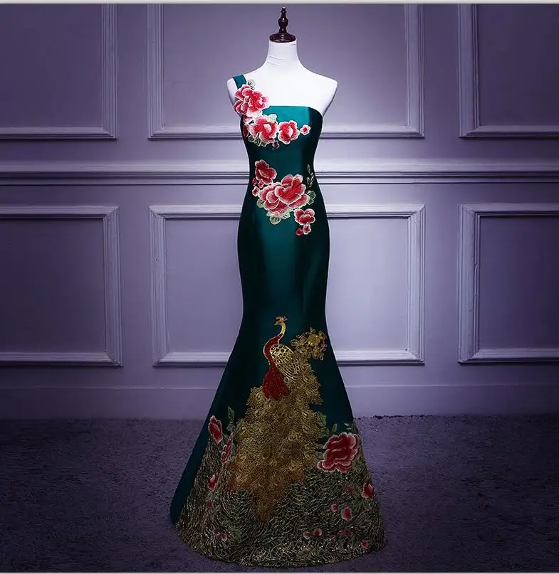 drak green Drak Зеленое Длинное платье Ципао с одним плечом, Vestidos, брюки-Чино, Восточный Ципао вечернее платье, Классические Вечерние Платья, размер s-xxl - Цвет: drak green