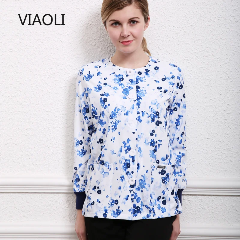 

Women Floral Print Warm Ups Jackets Sporty Scrub Jacket Lycra Nurse Coat Medical Clothing Button Front Ribbed Knit Cuffs Tops