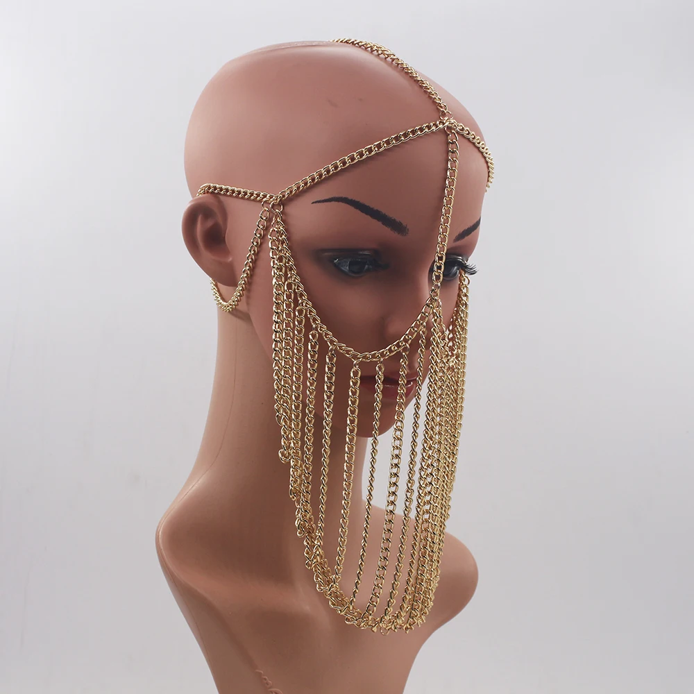 Модный золотой и серебряный цвета, маска для лица, металлическая цепочка с длинной кисточкой на голову, вечерние аксессуары для волос, головной убор, ювелирное изделие для женщин