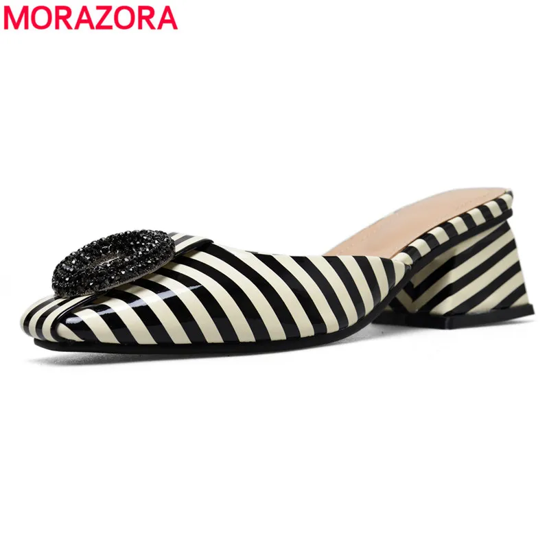

MORAZORA Size 34-43 HOT 2019 New patent leather women slippers Striped summer dress shoes ladies shoes high heels woman mules