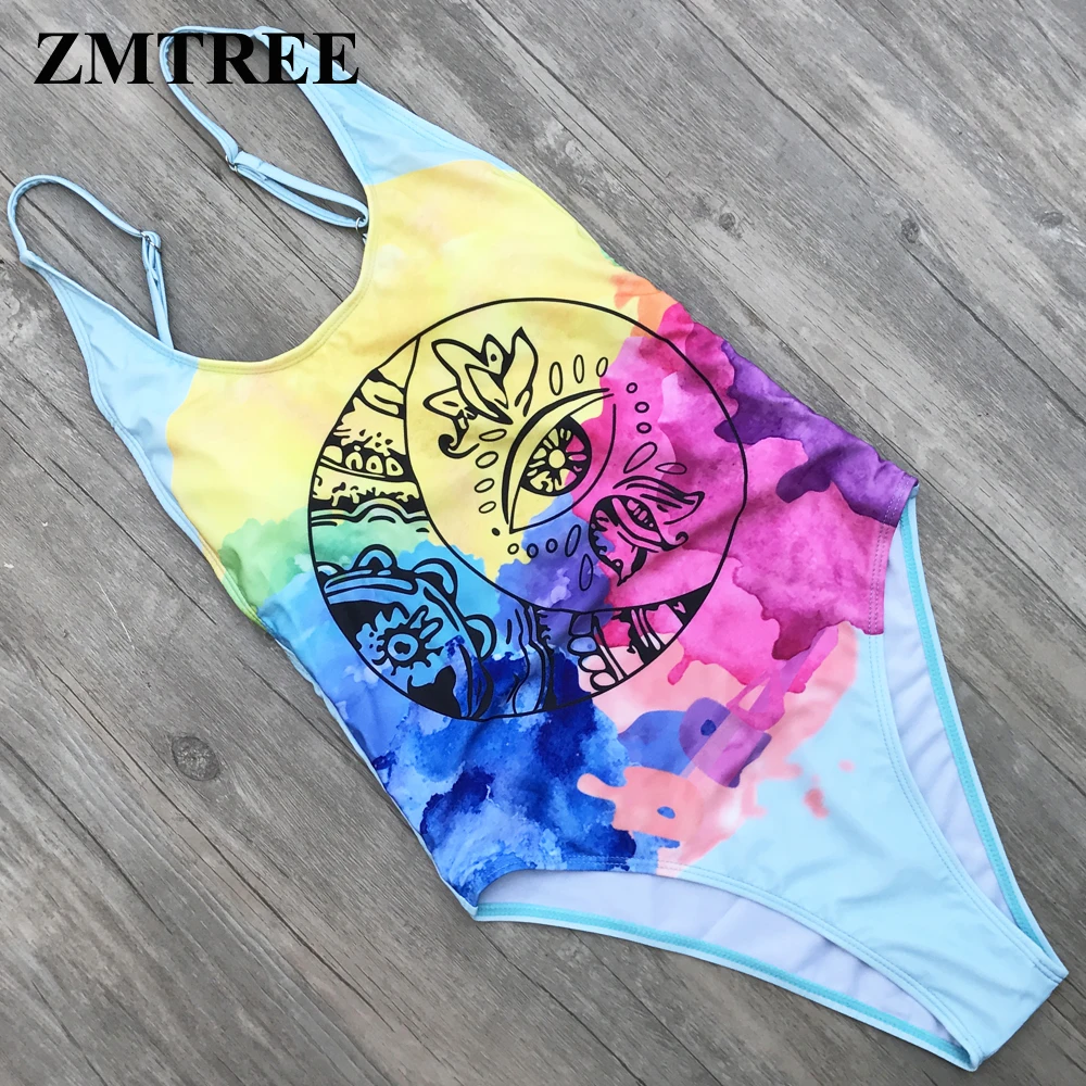 

ZMTREE Backless Swimsuit Women One Piece Swimwear Backless Beach Bathing Suit Digital Printing Bodysuit Bikini Maillot De Bain