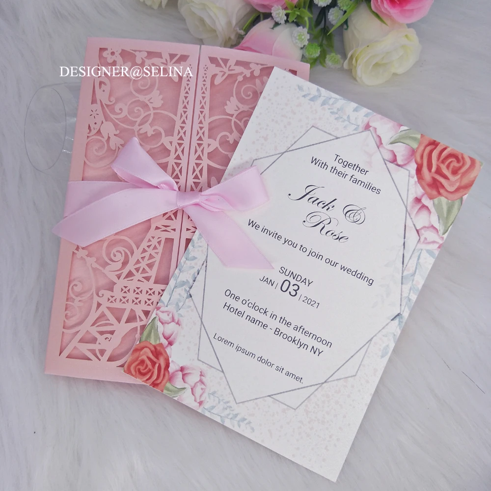 

Blush Pink Flower Print Tower Laser Cut Wedding Invitations with Ribbon Sweet 15th Birthday Graduation Party Invites 50pcs/lot