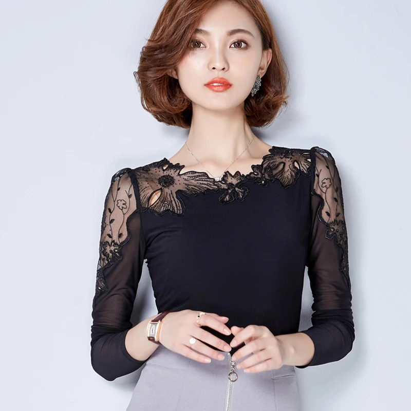 Blusa de encaje de talla grande para mujer, blusa de chifón, blusas de manga larga para mujer, blusas femeninas, ropa para mujer 2018 Blusa de encaje de talla grande para mujer, blusa de chifón, blusas de manga larga para mujer, blusas femeninas, ropa para mujer 2018