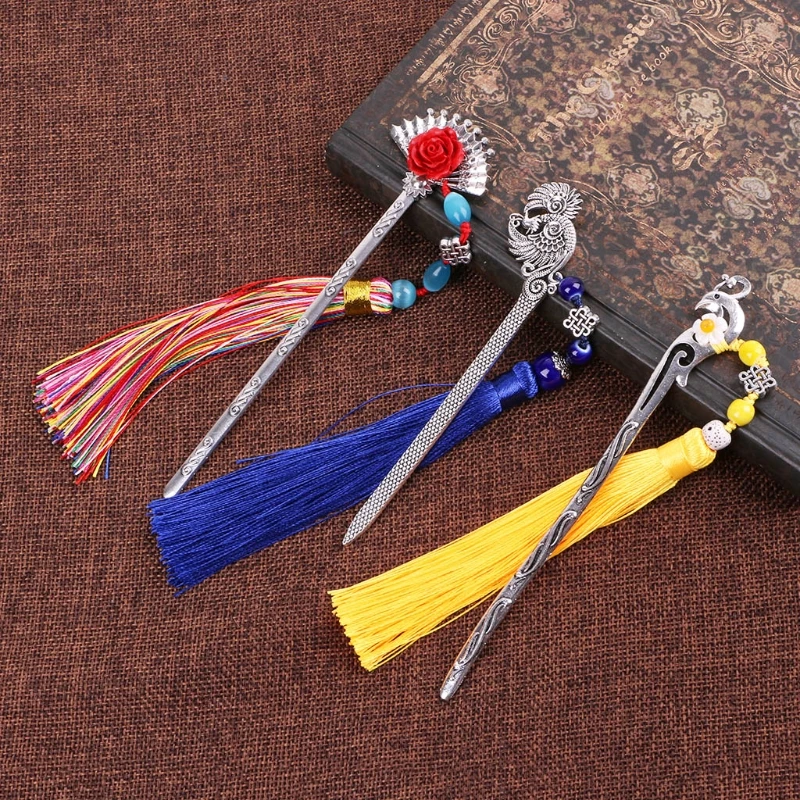 Chinese Style Vintage Antique Metal Bookmark Handmade Weave Long Tassel Beads Traditional Book Mark School Office Supplies