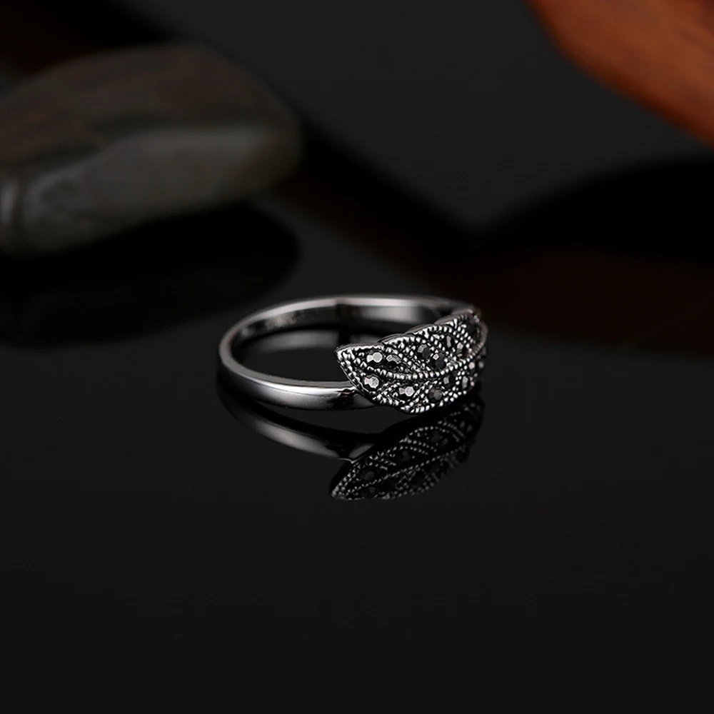 Модные женские аксессуары Новая мода ретро античный Серебристый лист черный кристалл кольцо для женщин