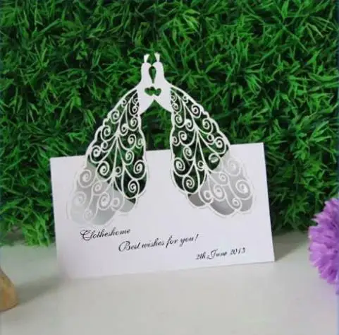 

100pcs/lot Two Peacock Design Table Card Laser Cut Paper Place Card Guest Name Holder Wedding Party Feast Favors wc409