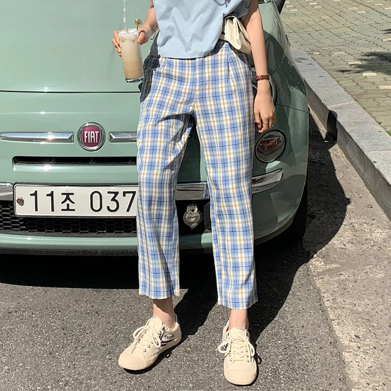 

2019 Summer Korean Version of The New Lattice Straight Pants Loose High Waist Wide Legs Casual Pants Clothes High Waist Pants