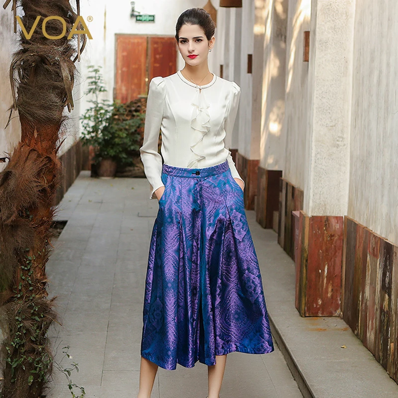

VOA Silk luster Diamond lattice Dyed Mid waist Wide leg summer Official lady Pants K3001