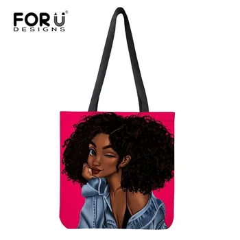 

FORUDESIGNS Art Afro Lady Girls Printing Canvas Reusable Shopping Bag Women Foldable Grocery Storage Bags Large Casual Totes Bag