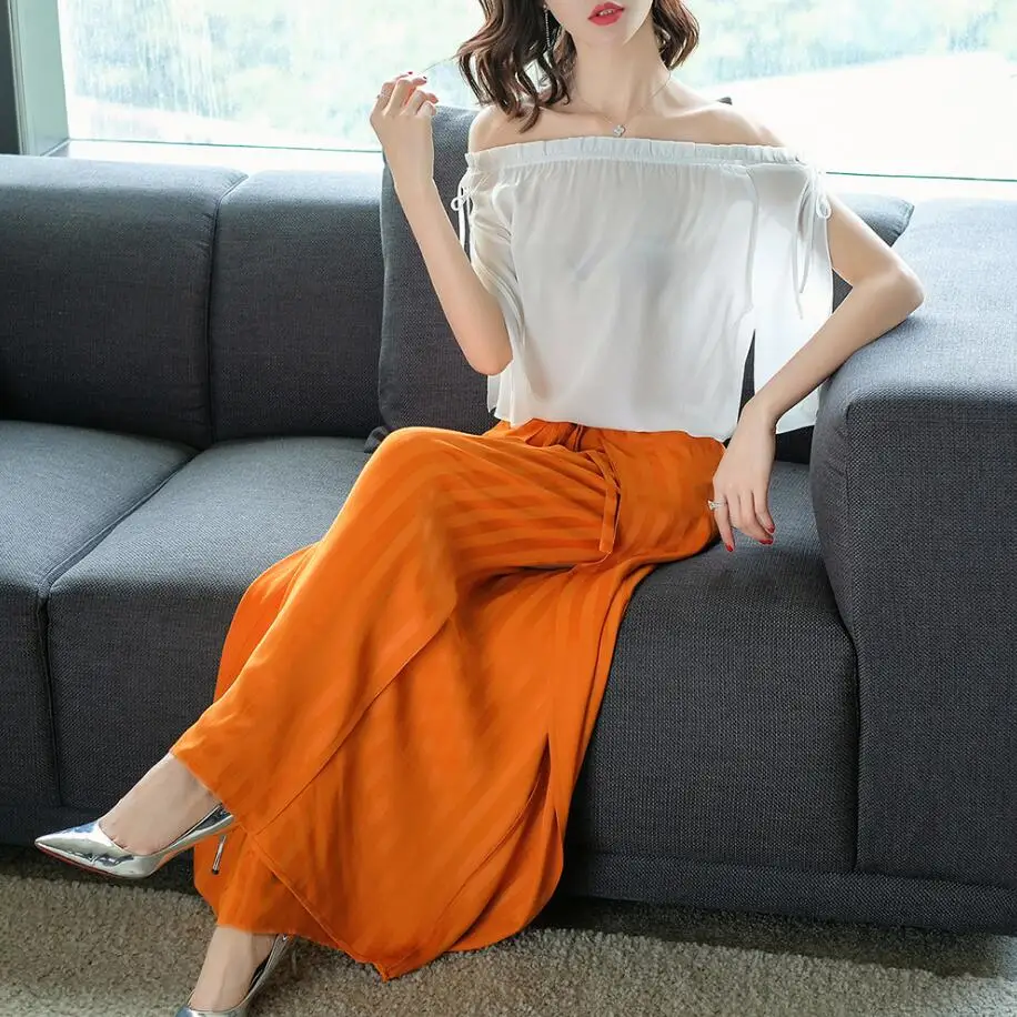 

Free Shipping New High Quality Women Sets Sexy Slash Collar White Blouse & Belt Lacing Up Wide-leg Pants Fashion Lady Suits