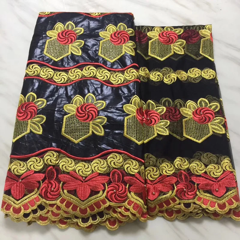 

black and red African bazin lace fabric with wonderful embroidery 5yards plus 2yards matched French lace for party dress BLS32