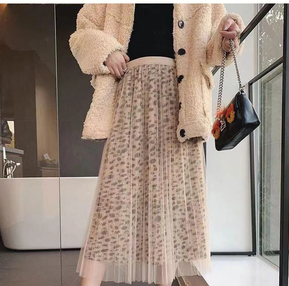 Surmiitro модная леопардовая Тюлевая юбка для женщин осень зима миди длинная Корейская элегантная Высокая талия плиссированная трапециевидная юбка для женщин