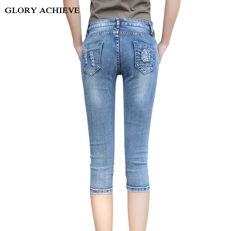 Летний стиль, рваные джинсы для женщин, корейский стиль, пуш-ап джинсы, Стрейчевые обтягивающие джинсы, женские укороченные штаны