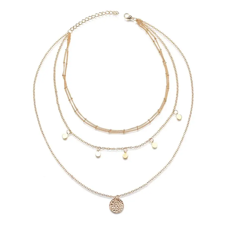 

High Quality Bohemian Round Metal Pendant Necklace for Women Vintage Gold Color Multilayer Chain Choker Necklace Jewelry Gift