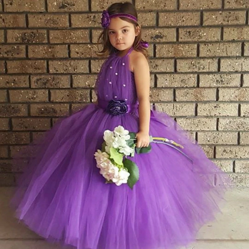 Шикарное фиолетовое платье-пачка с цветочным узором и стразами для девочек на свадьбу; вечерние платья с фиолетовыми цветами и жемчужинами для девочек; детская одежда с цветочным узором для девочек