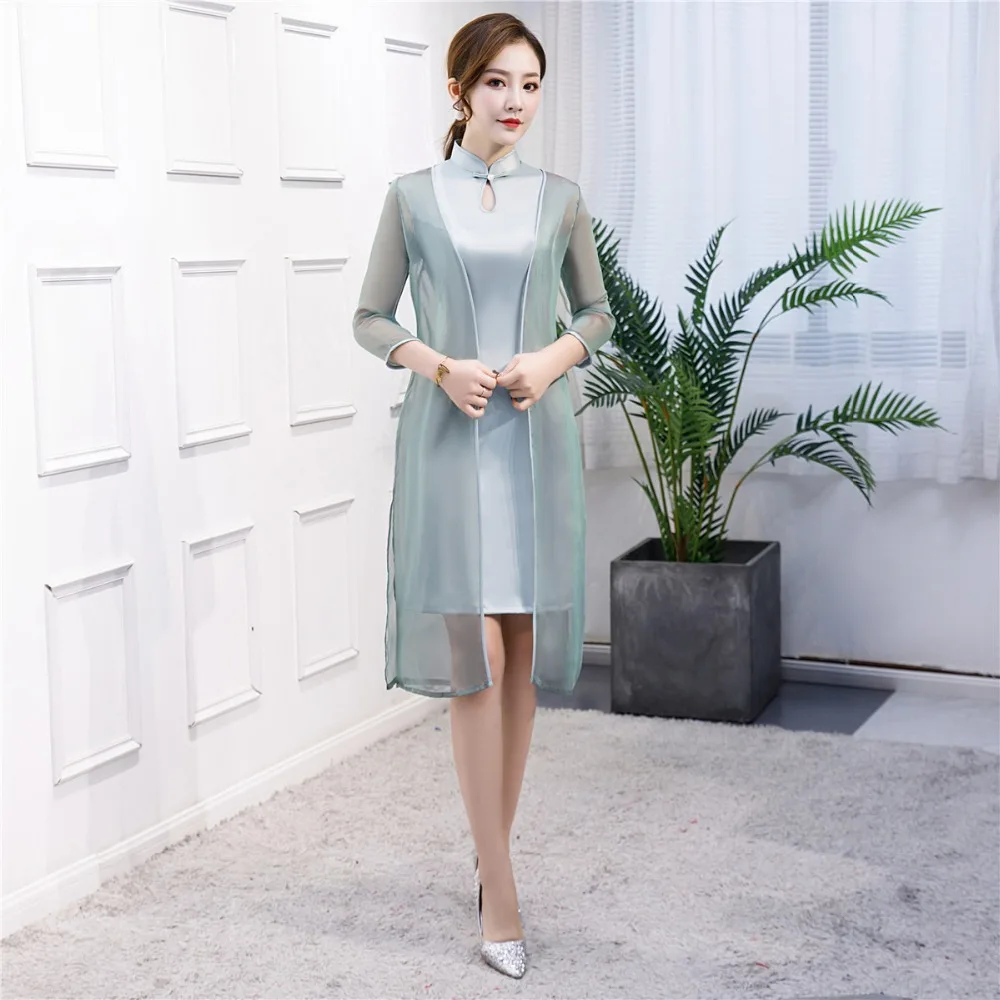 Шанхай история китайский cheongsam платье комплект короткий рукав искусственного шелка Qipao Восточный стиль платье для женщин