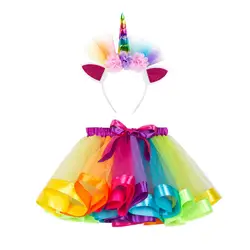 VASHE девушки Радуга Единорог юбка костюм для девочек Дети милые платье для дня рождения мой пони форма юбки Головные уборы