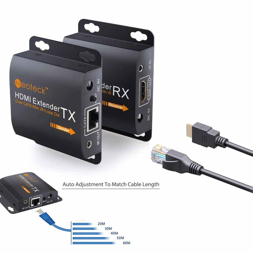 Cena Przedłużacz hdmi Neoteck z 2 portami rozdzielacz hdmi 1080p przedłuż 60m nadajnik RJ45 TX RX z pilotem zdalnego sterowania na podczerwień CAT6 CAT7