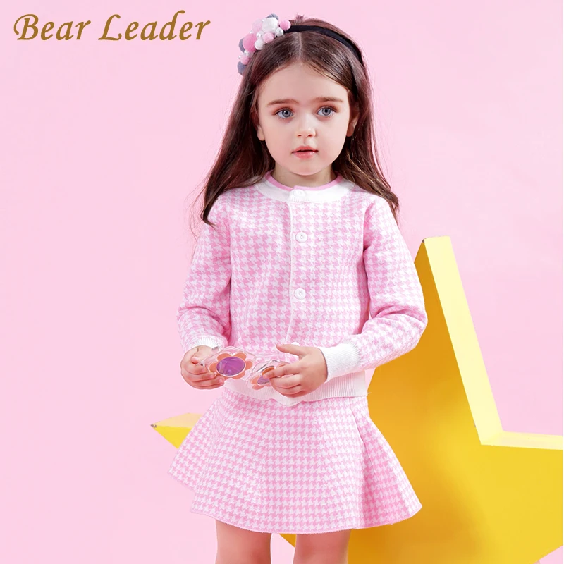 Bear Leader/комплекты для девочек г. Новые Осенние вязаные костюмы розового цвета с узором «гусиные лапки» свитер в клетку с длинными рукавами+ юбка, детские костюмы из 2 предметов для От 3 до 7 лет