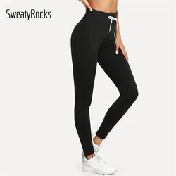 SweatyRocks с кулиской на талии обтягивающие леггинсы для активных женщин фитнес черные леггинсы 2019 Весна Athleisure твердые леггинсы