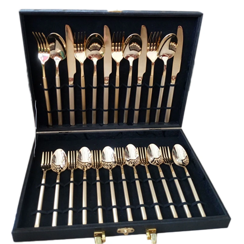 

Golden Flatware Steak Knife Dinnerware Fork Super Luxurious Western Style Real Gold Cover Full Set Dinnerware Set Gift 24pcs/Set
