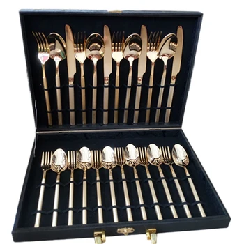 

Golden Fork Steak Knife Spoon Dinnerware Luxurious Western Style Real Gold Cover Full Set Dinnerware Set Gift Flatware 24pcs/Set
