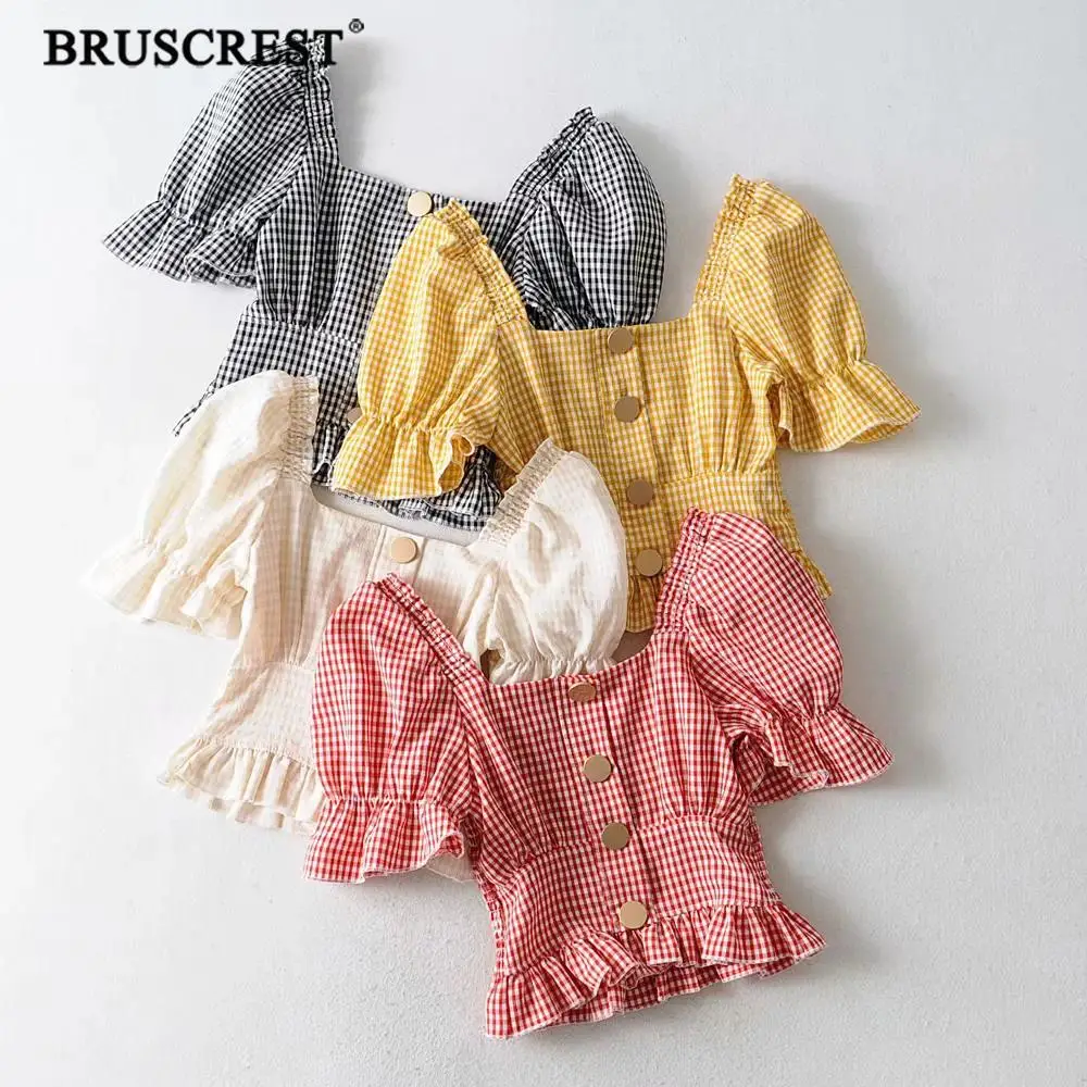 

2019 Korean ruffle plaid plus size womens tops and blouses shirts Summer Vintage puff Sleeve lady tops clothes streetwear blusas